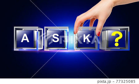 Ask letter written on glass cube, animated hand putting one icon on place to complete the composition 77325085