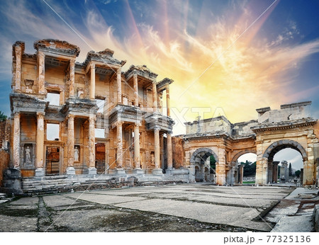 Library of Celsus in Ephesus under dramatic sky 77325136
