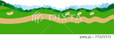 ゴルフコースのイラスト 山あり谷ありのゴルフコースとカート道の風景 のイラスト素材