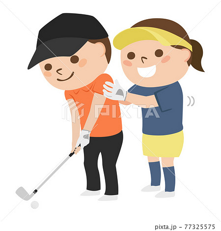 ゴルフフのイラスト 男性にスイングを教えてる女性ゴルファー のイラスト素材