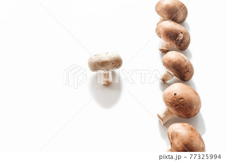 royal mushrooms on a white background. champignons as vegan meal protein source. high fibre food. selective focus royal mushrooms on a white background. champignons as vegan meal protein source. high fibre food. selective focus 77325994