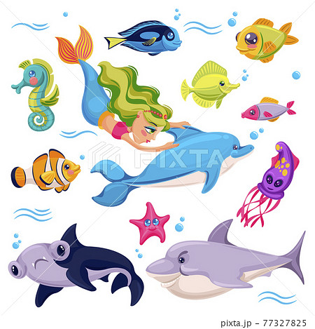 Sea animals. Ocean creatures fish, shark and... - Stock Illustration  [77327825] - PIXTA