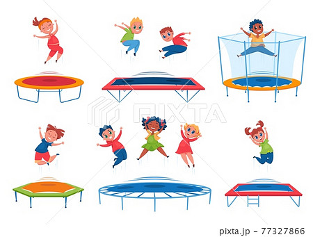 Kids jumping on trampoline. Happy boys, girls bouncing and having fun. Energetic children jump together. Group outdoor activity cartoon vector set 77327866