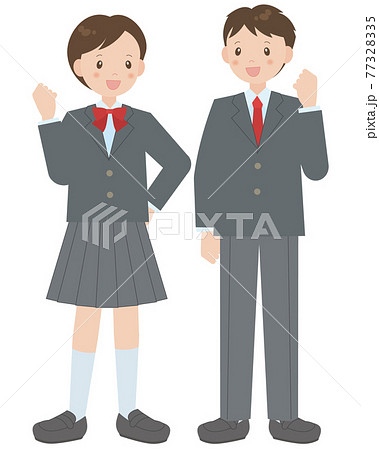 ガッツポーズをするブレザー制服の男の子と女の子 77328335