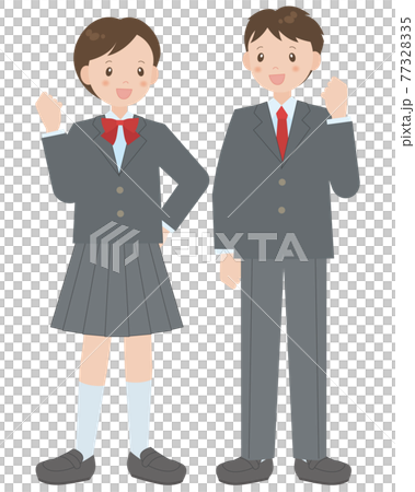 ガッツポーズをするブレザー制服の男の子と女の子 77328335