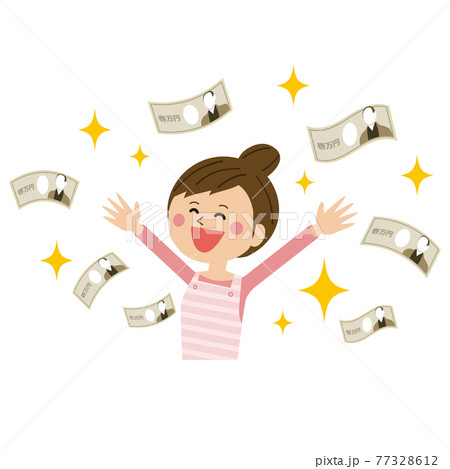 ポップなエプロンの女性　お札　大儲け　大喜び 77328612