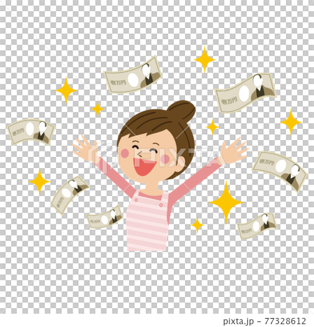 ポップなエプロンの女性　お札　大儲け　大喜び 77328612