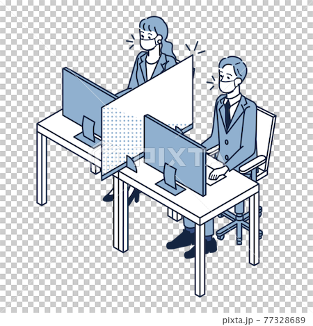 亞克力隔開的男女上班族 亞克力隔開的男女上班族 77328689