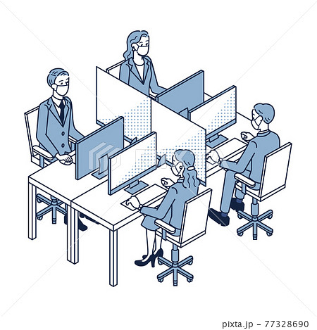 アクリルで仕切られてパソコン作業をする男性女性の会社員 アクリルで仕切られてパソコン作業をする男性女性の会社員 77328690