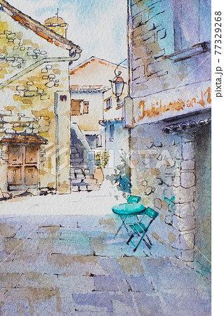 南フランスの小さな村 水彩画 風景画のイラスト素材 [77329268] - PIXTA