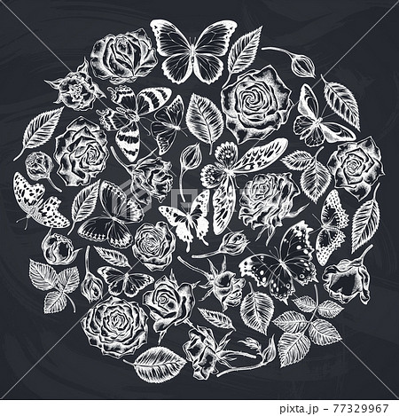 Round floral design with chalk menelaus blue morpho, lemon butterfly, red lacewing, african giant Round floral design with chalk menelaus blue morpho, lemon butterfly, red lacewing, african giant 77329967