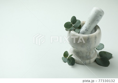 Mortar with eucalyptus twig on white background Mortar with eucalyptus twig on white background 77330132