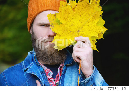 Seasonal autumn fashion. Portrait of a man covering his face with an autumn leaf. Autumn nature. 77331116