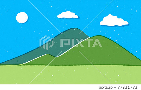 山と青空の風景のイラスト 背景 手描き風 雲 夏 田舎 テクスチャ 晴れ バックグラウンドのイラスト素材