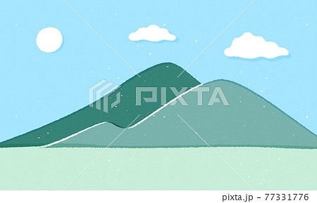 山と青空の風景のイラスト 背景 手描き風 雲 夏 田舎 テクスチャ 晴れ バックグラウンドのイラスト素材
