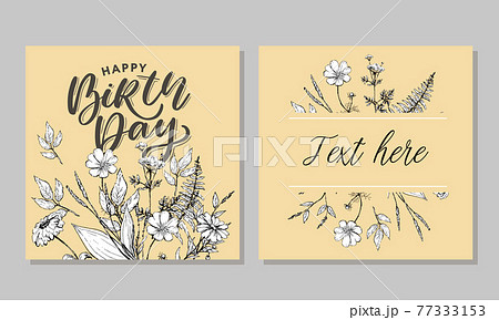 Beautiful happy birthday greeting card with flowers and bird. Vector party invitation with floral elements. Beautiful happy birthday greeting card with flowers and bird. Vector party invitation with floral elements. 77333153
