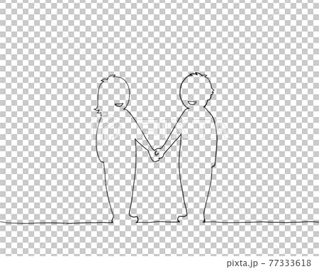 手をつなぐ二人の線画イラストのイラスト素材