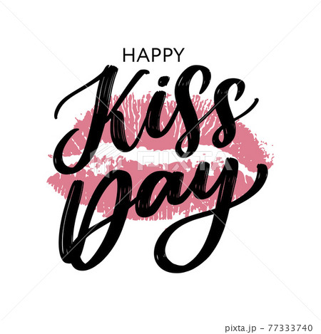Kiss me greeting card, poster with pink hand drawn watercolor lips. Vector background with ink hand lettering. 77333740