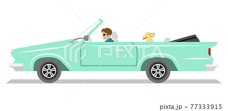横向きのミントブルー色のオープンカー 大型 若い男性とペットの犬のイラスト素材