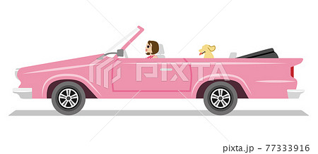 横向きのピンク色のオープンカー 大型 若い女性とペットの犬のイラスト素材