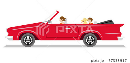 横向きの赤色のオープンカー 大型 母親と子供とペットの犬のイラスト素材