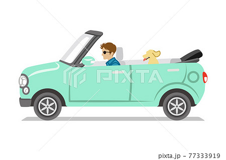 横向きのミントブルー色のオープンカー 小型 若い男性とペットの犬のイラスト素材