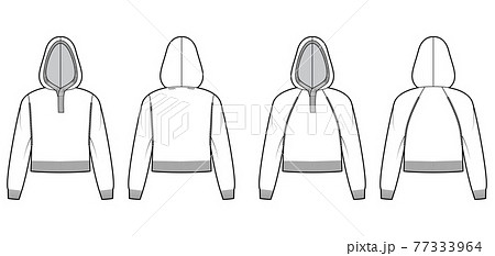 Set of Hooded Sweaters cropped technical fashion illustration with henley neck, long raglan sleeves, oversized fit 77333964