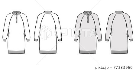 Dress Polo Sweater technical fashion illustration with rib henley neck, classic collar, long raglan sleeves, knee length 77333966
