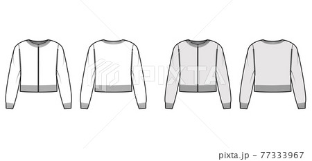 Zip-up cardigan cropped Sweater technical fashion illustration with rib crew neck, long sleeves, knit trim 77333967