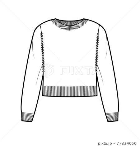 Crew neck cropped Sweater technical fashion illustration with long sleeves, relax fit, waist length, knit rib trim. Flat 77334050