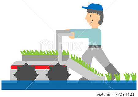 歩行型田植機で田植えをする人のイラスト素材
