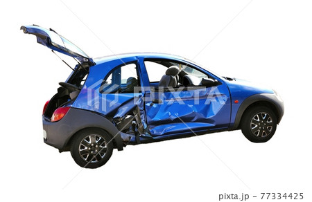 Crashed blue car isolated on a white background. Crashed blue car isolated on a white background. 77334425