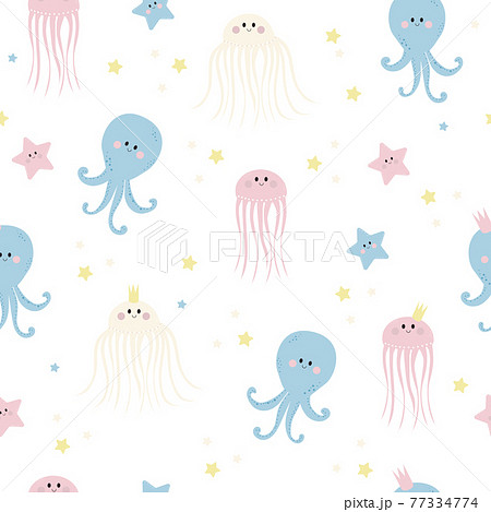 Seamless patterns with sea inhabitants. Cute starfishes, jellyfish and octopus on white background. Vector. For design, decor, printing, packaging, textiles and wallpaper 77334774