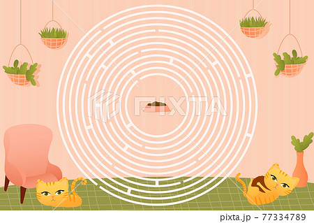Printable kids circle maze with cute animal characters red cats playing, help to find way to food, quiz for book Printable kids circle maze with cute animal characters red cats playing, help to find way to food, quiz for book 77334789
