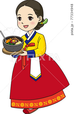 石焼ビビンバを運ぶチマチョゴリの女性のイラスト素材 石焼ビビンバを運ぶチマチョゴリの女性のイラスト素材