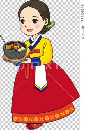 石焼ビビンバを運ぶチマチョゴリの女性のイラスト素材