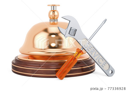 Reception bell with screwdriver and wrench. 3D rendering Reception bell with screwdriver and wrench. 3D rendering 77336928
