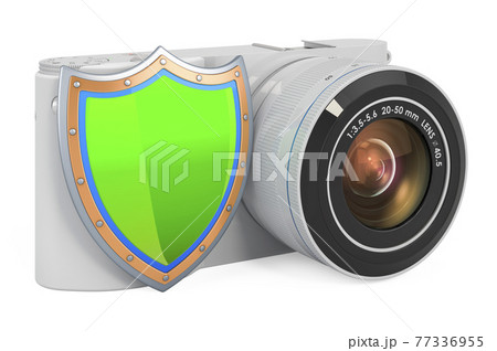 Mirrorless digital camera with shield, 3D rendering Mirrorless digital camera with shield, 3D rendering 77336955