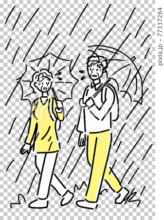 嵐の中避難する高齢者夫婦 77337264