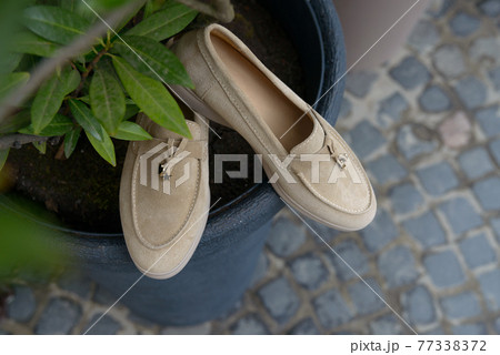Woman's coral stylish suede loafer shoes. Pair of trendy female loafers shoes Woman's coral stylish suede loafer shoes. Pair of trendy female loafers shoes 77338372