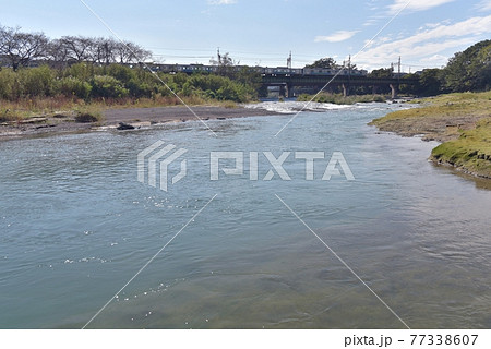 まだ暑さを感じる秋の午後、入間川にかかる西武池袋線入間川鉄橋を渡る30000系スマイルトレインを撮る 77338607