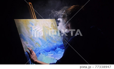 Artist copyist paint seascape with ship in ocean. Vaper smoke vape e-cigarette. Craftsman decorator draw as boat sail on blue sea with acrylic color. 77338947