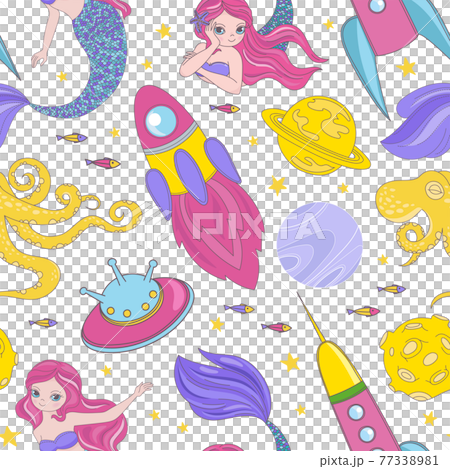 MERMAID IN UNIVERSE Cartoon Cosmos Space Sea Galactic Mermaid Princess Journey Traveling Seamless Pattern Vector Illustration For Print 77338981