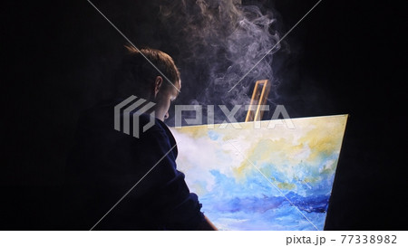Artist copyist paint seascape with ship in ocean. Vaper smoke vape e-cigarette. Craftsman decorator draw as boat sail on blue sea with acrylic color. Artist copyist paint seascape with ship in ocean. Vaper smoke vape e-cigarette. Craftsman decorator draw as boat sail on blue sea with acrylic color. 77338982