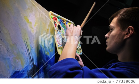 Artist copyist paint seascape with ship in ocean. Craftsman decorator draw as boat sail on blue sea. In hand of cellphone tablet computer pc. Artist copyist paint seascape with ship in ocean. Craftsman decorator draw as boat sail on blue sea. In hand of cellphone tablet computer pc. 77339006