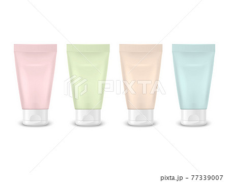 Vector 3d Realistic Plastic, Metal Pink, Green, Beige, Blue Tooth Paste, Cream Tube, Packing Set Isolated on White Background. Design Template of Toothpaste, Cosmetics, Cream for Mockup. Front View 77339007