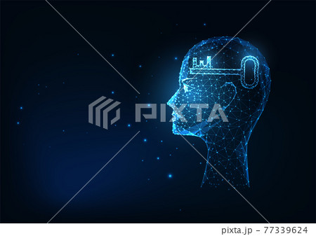 Futuristic lowing low polygonal silhouette of head with key symbol isolated on dark blue 77339624