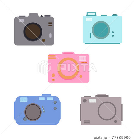 Colorful photo cameras set simple flat style vector trendy illustration accessory for voyage, travelling, clipart for greeting cards, invitations, summer holiday design Colorful photo cameras set simple flat style vector trendy illustration accessory for voyage, travelling, clipart for greeting cards, invitations, summer holiday design 77339900
