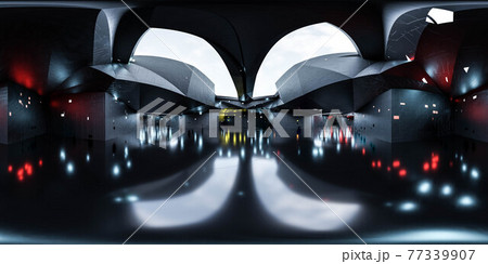 full 360 degree panorama view of empty abstract futuristic technology building interior with sky and clouds 3d render illustration hdri hdr vr style 77339907