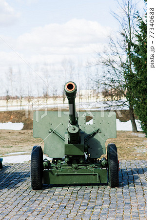View of the russian cannons and howitzers in a park. Military museum outdoors View of the russian cannons and howitzers in a park. Military museum outdoors 77340688